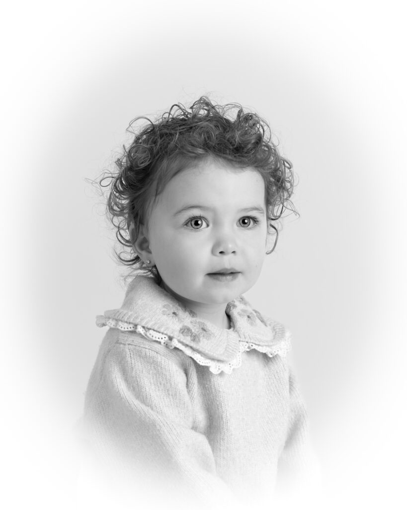 black and white heirloom portrait of a little girl 