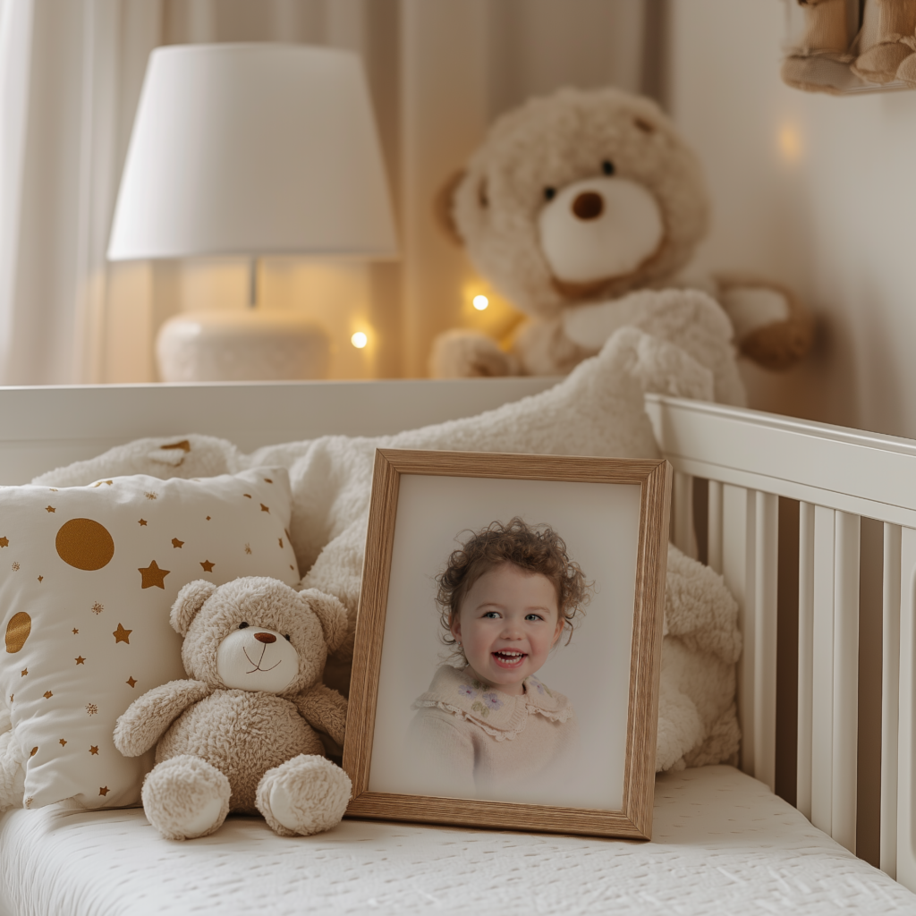 photo of a nursery crib with a custom framed heirloom portrait